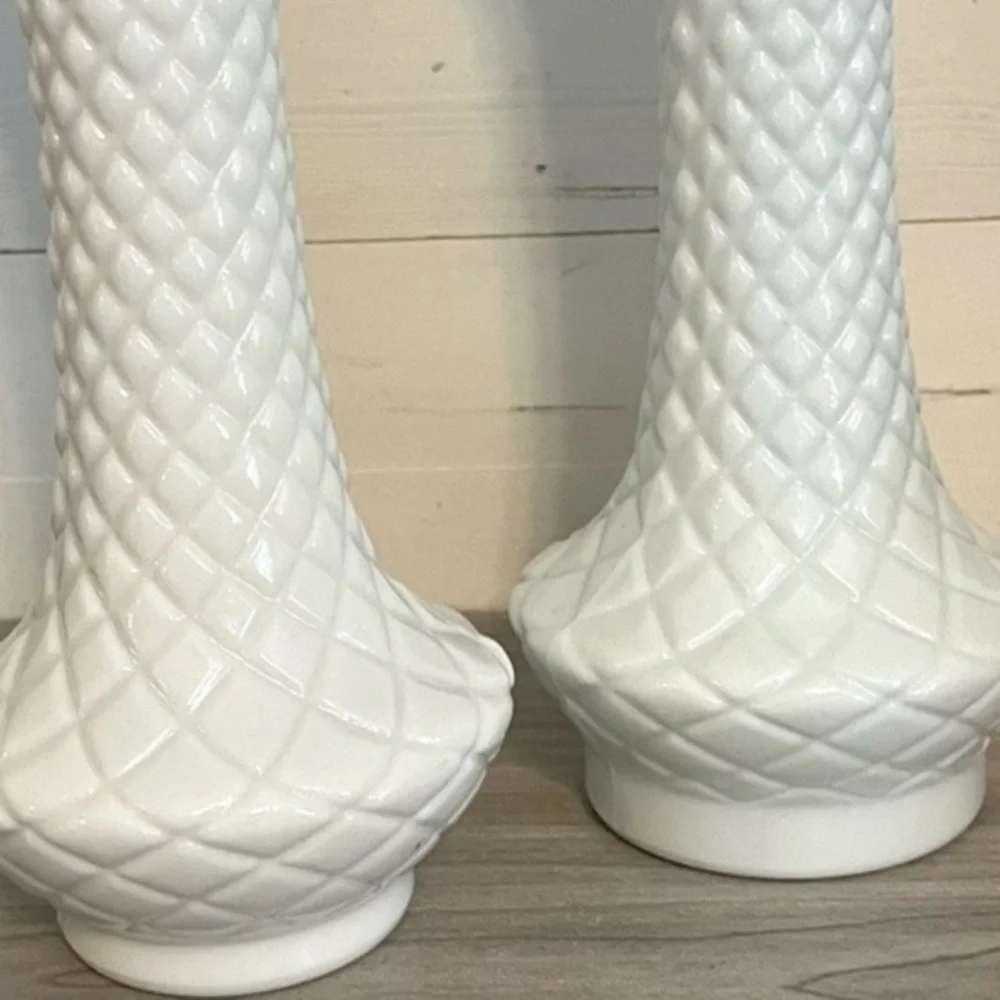 Vintage Diamond Patterned Milk Glass Vases Set of Two